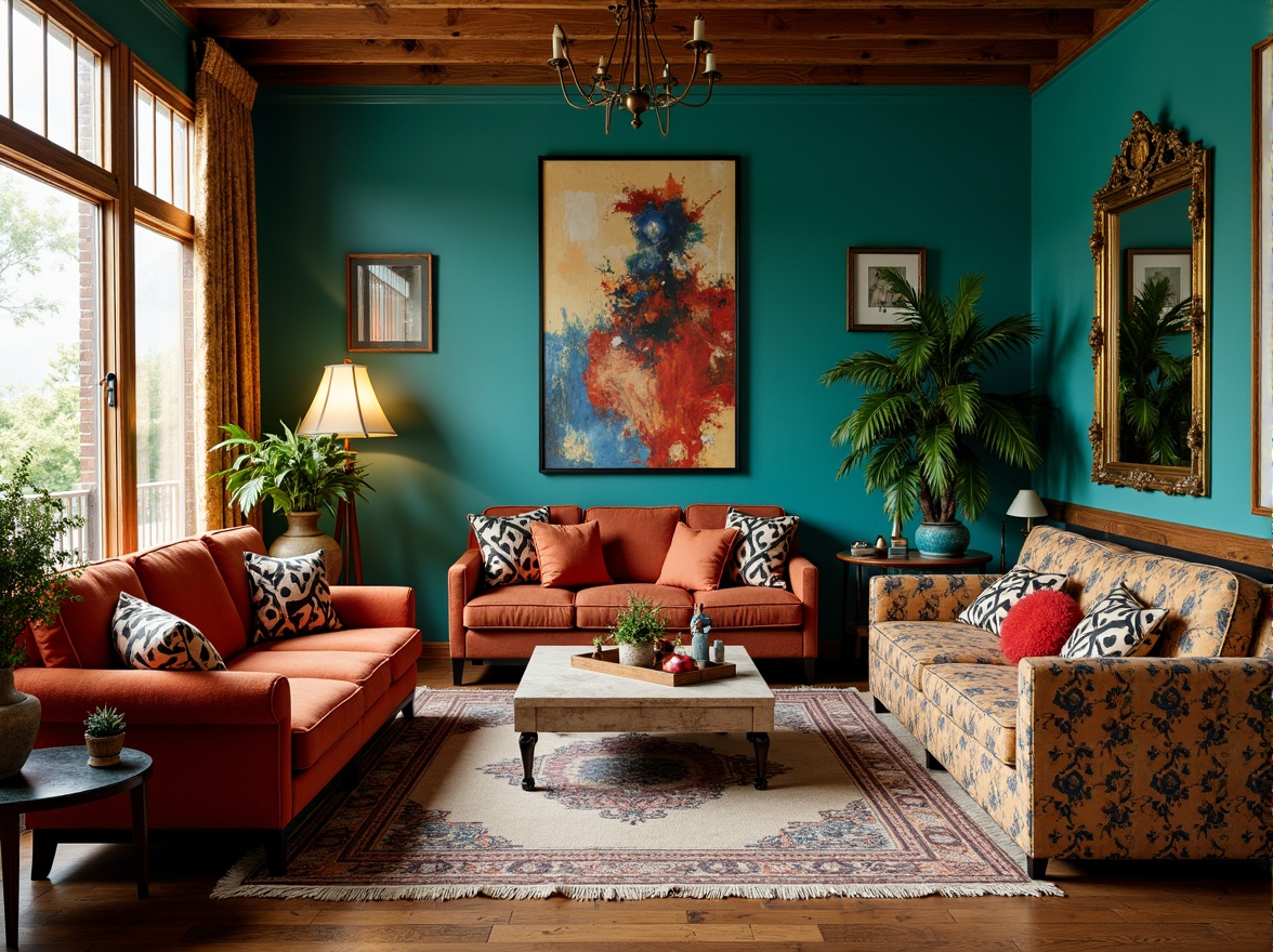 Prompt: Whimsical eclectic living room, vintage furniture, distressed wood accents, rich velvet fabrics, bold graphic patterns, vibrant turquoise walls, warm golden lighting, lush greenery, natural woven textiles, abstract artwork, statement decorative pieces, ornate mirrors, metallic accents, global-inspired accessories, plush area rugs, cozy reading nooks, dramatic drapery, eclectic mix of antique and modern elements, bohemian chic atmosphere, relaxed casual vibe, warm intimate ambiance.