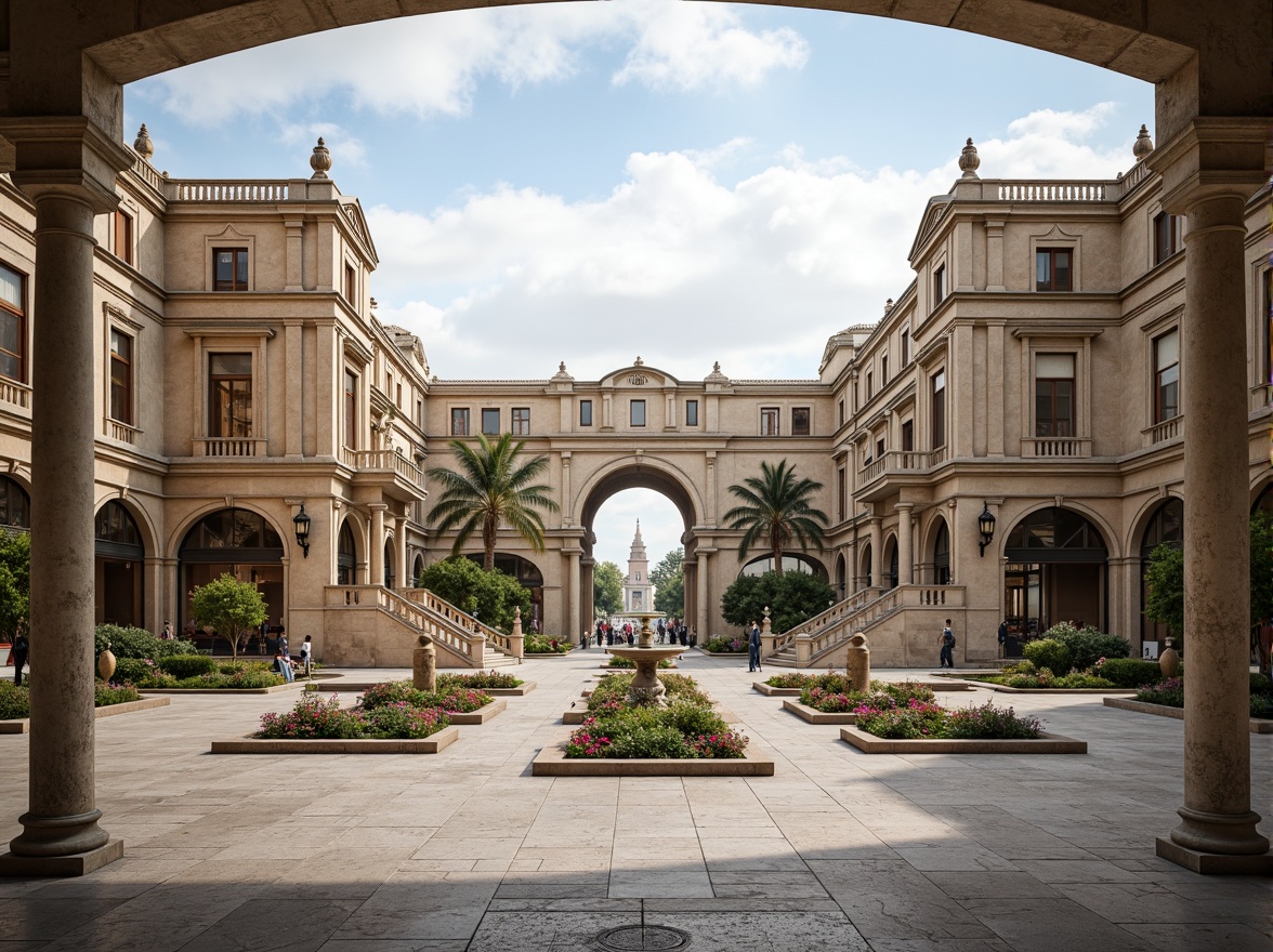 Prompt: Grand piazza, ornate fountains, majestic columns, intricately carved statues, symmetrical walkways, vibrant floral arrangements, limestone pavement, neoclassical arches, grandiose staircases, elegant street lamps, serene natural light, soft warm shadows, 1/2 composition, atmospheric perspective, subtle color palette, realistic textures, ambient occlusion.