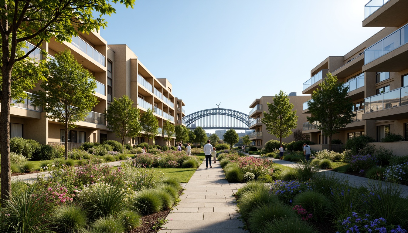 Prompt: Vibrant greenery, lush gardens, blooming flowers, meandering pathways, modern social housing, sleek architecture, angular lines, cantilevered balconies, floor-to-ceiling windows, panoramic views, Sydney Harbour Bridge backdrop, sunny day, soft warm lighting, shallow depth of field, 3/4 composition, realistic textures, ambient occlusion.