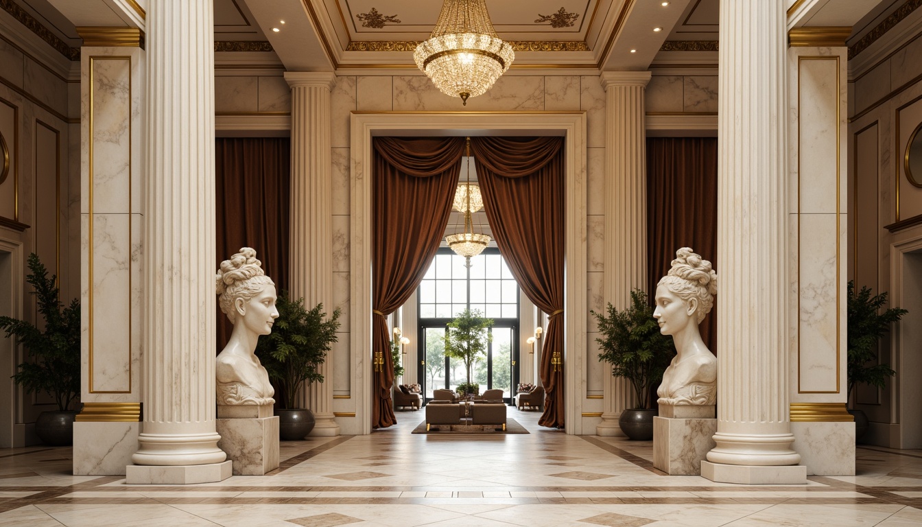 Prompt: \Elegant neoclassical facade, cream-colored marble columns, ornate gold accents, symmetrical architectural details, grand entranceways, imposing stone statues, intricate moldings, subtle warm beige tones, rich dark wood paneling, ornamental metalwork, lavish crystal chandeliers, soft warm lighting, shallow depth of field, 2/3 composition, classicist proportions, realistic textures, ambient occlusion.\