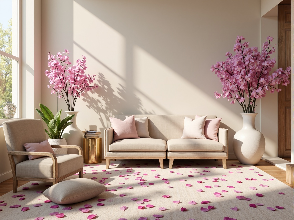 Prompt: Lavish orchid hues, soft pastel shades, delicate petals, ornate vases, elegant furniture, sophisticated decor, luxurious fabrics, velvety textures, subtle sheen, warm beige backgrounds, creamy whites, rich gold accents, modern minimalist spaces, natural light pouring in, 1/1 composition, intimate atmosphere, realistic reflections, ambient occlusion.