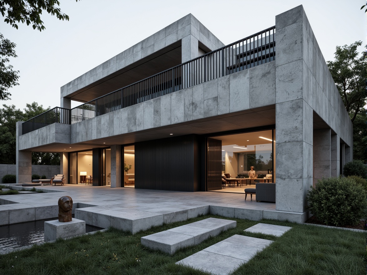 Prompt: Rugged brutalist house, raw concrete walls, fortress-like fa\u00e7ade, dramatic cantilevered roofs, chunky stone floors, industrial metal doors, minimalist interior design, sparse greenery, bold geometric shapes, abstract sculptures, atmospheric lighting, cinematic shadows, low-angle photography, 1/1 composition, high-contrast imagery, gritty textures, ambient occlusion.