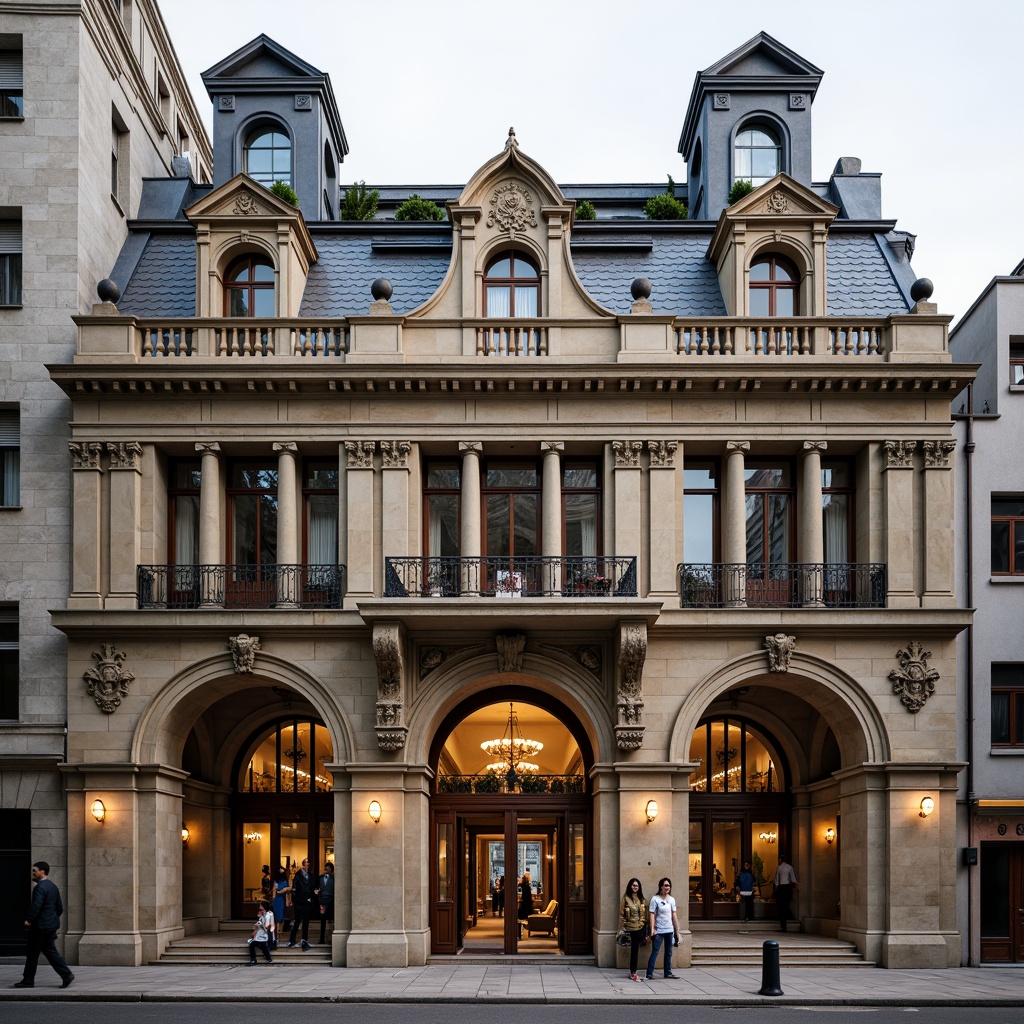 Prompt: Historic bank building, ornate stone fa\u00e7ade, grand entrance archways, decorative cornices, intricate stonework patterns, rusticated columns, majestic clock towers, symmetrical rooflines, slate grey roofing, classical pediments, ionic capitals, polished marble floors, luxurious chandeliers, warm golden lighting, shallow depth of field, 1/2 composition, realistic textures, ambient occlusion.