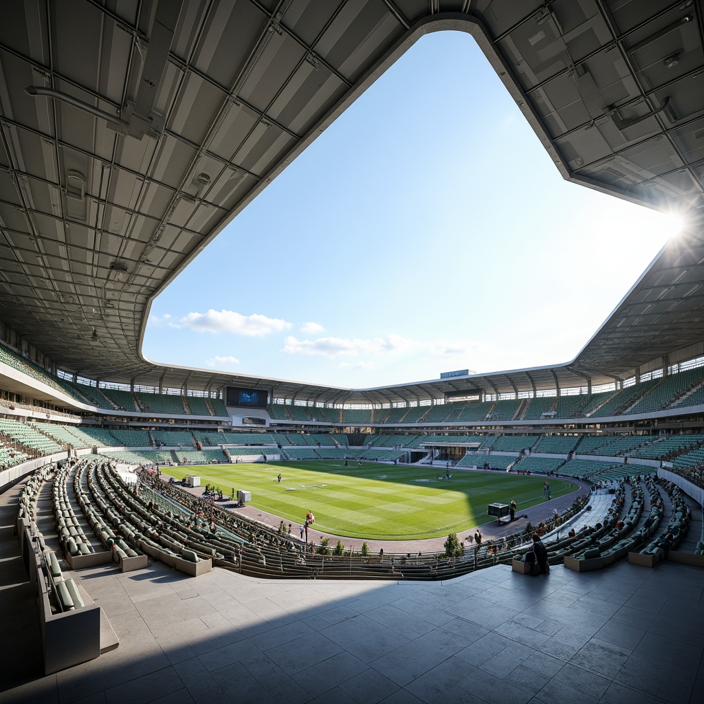 Prompt: Transparent stadium fa\u00e7ade, sleek glass walls, open-air concourse, natural ventilation, panoramic views, cantilevered roofs, column-free interior spaces, flexible seating arrangements, dynamic LED lighting, state-of-the-art scoreboards, modern athletic facilities, polished concrete floors, minimalist design, sustainable building materials, optimized daylighting, reduced energy consumption, 1/1 composition, high-angle shot, dramatic shadows, realistic textures, ambient occlusion.