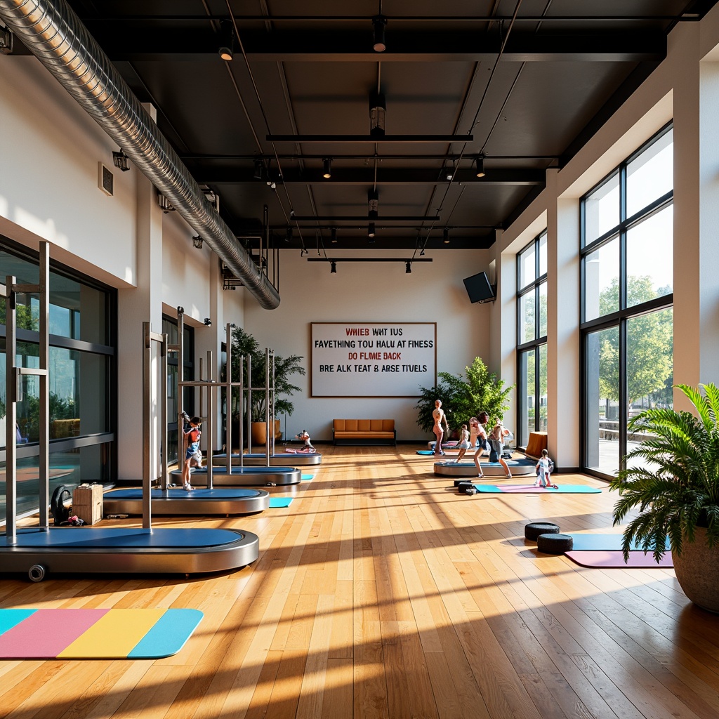 Prompt: Vibrant fitness club, modern interior design, high ceilings, large windows, natural lighting, warm wood flooring, sleek metal equipment, colorful exercise mats, motivational quotes, energetic atmosphere, lively music, refreshing air conditioning, green plants, minimal decor, open space layout, 1/2 composition, softbox lighting, realistic textures, subtle shadows.