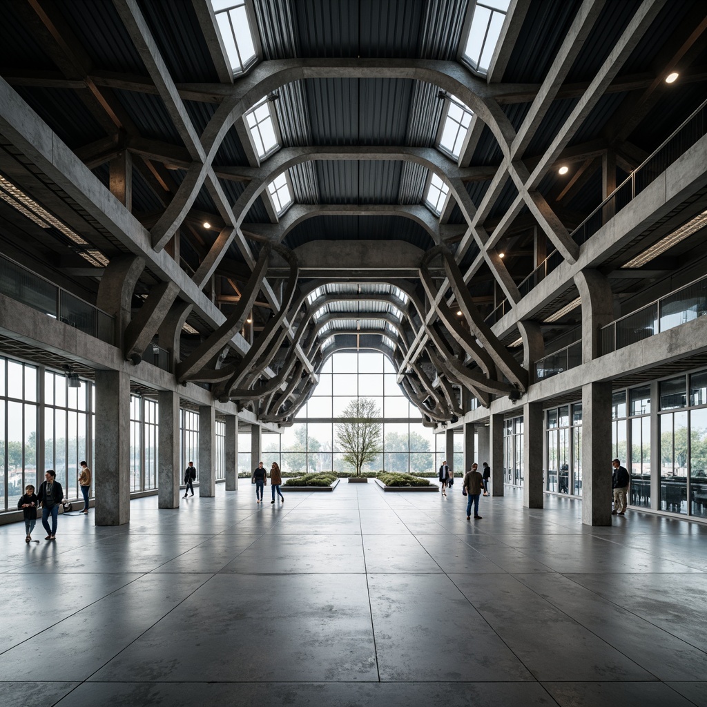 Prompt: Innovative office building, angular steel beams, exposed ductwork, polished concrete floors, minimalist columns, open floor plan, glass curtain walls, cantilevered rooflines, asymmetrical architecture, natural light flooding, dramatic shadows, 3/4 composition, shallow depth of field, panoramic view, realistic textures, ambient occlusion.