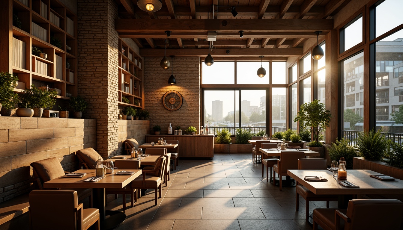 Prompt: Warm inviting restaurant, rustic wooden accents, earthy color palette, natural stone walls, cozy intimate ambiance, soft warm lighting, minimalist decor, sleek modern furniture, geometric patterns, metallic tones, industrial chic, urban landscape views, bustling city atmosphere, morning sunlight, shallow depth of field, 1/2 composition, realistic textures, ambient occlusion.