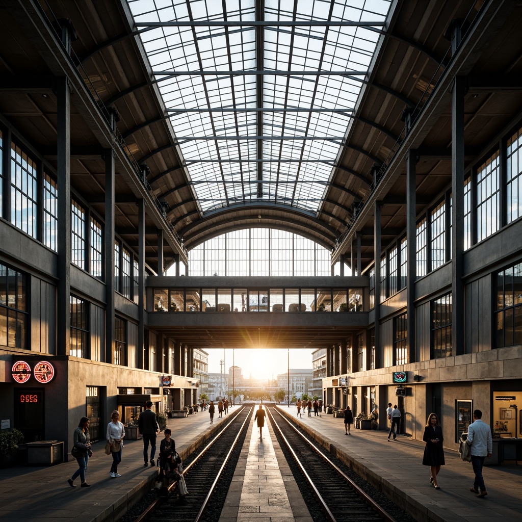 Prompt: Large train station, high ceilings, natural ventilation system, clerestory windows, skylights, open concourses, exposed steel beams, industrial aesthetic, modern architecture, urban landscape, bustling city atmosphere, morning sunlight, soft warm lighting, shallow depth of field, 3/4 composition, panoramic view, realistic textures, ambient occlusion.