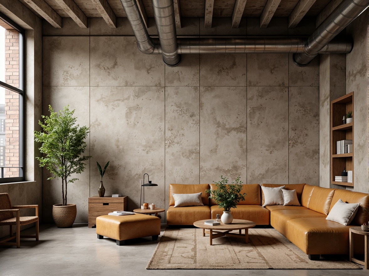 Prompt: Rustic plastered concrete walls, earthy tone, textured finish, industrial chic, urban loft, exposed ductwork, metal beams, reclaimed wood accents, modern minimalist decor, soft warm lighting, shallow depth of field, 1/1 composition, realistic textures, ambient occlusion.