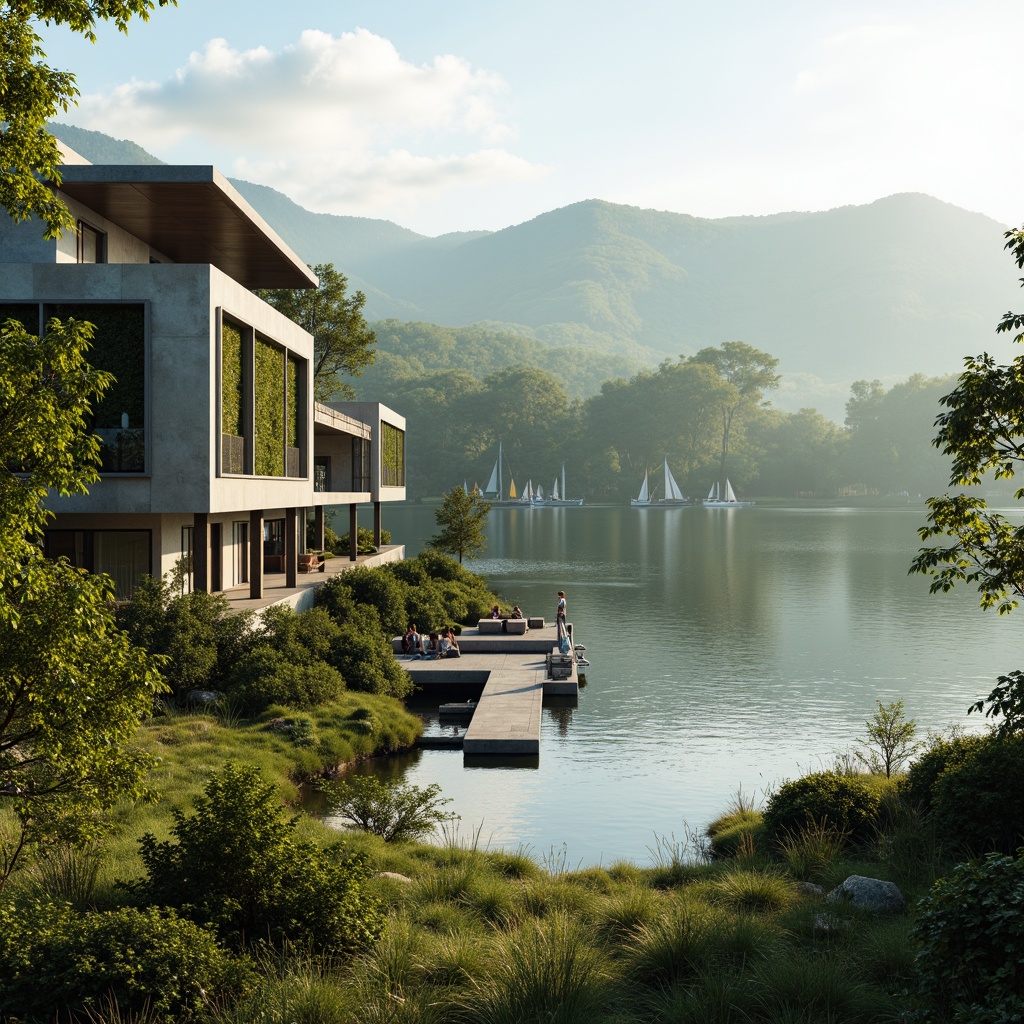 Prompt: Rolling hills, lush green meadows, serene lakeside, wooden dock, sailboats, misty morning, warm sunlight, natural stone walls, modern minimalistic architecture, glass facades, steel beams, cantilevered roofs, vertical gardens, living walls, eco-friendly materials, sustainable design, harmonious integration, seamless transitions, 3/4 composition, shallow depth of field, realistic textures, ambient occlusion.