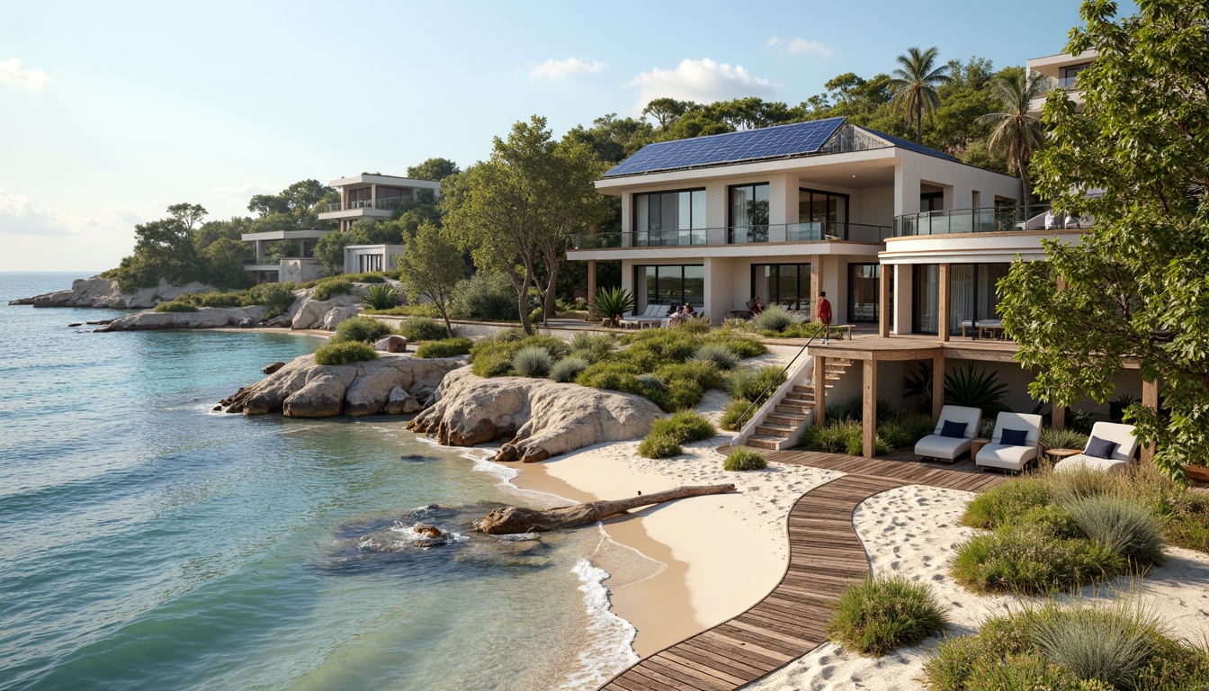 Prompt: Whimsical coastal villas, undulating waves, sandy shores, driftwood accents, ocean-inspired color palette, eco-friendly materials, reclaimed wood, solar panels, green roofs, wind turbines, rainwater harvesting systems, organic gardens, native plants, meandering boardwalks, weathered wooden decks, nautical rope details, corrugated metal cladding, curved lines, beachy ambiance, soft warm lighting, shallow depth of field, 1/1 composition, panoramic view, realistic textures, ambient occlusion.