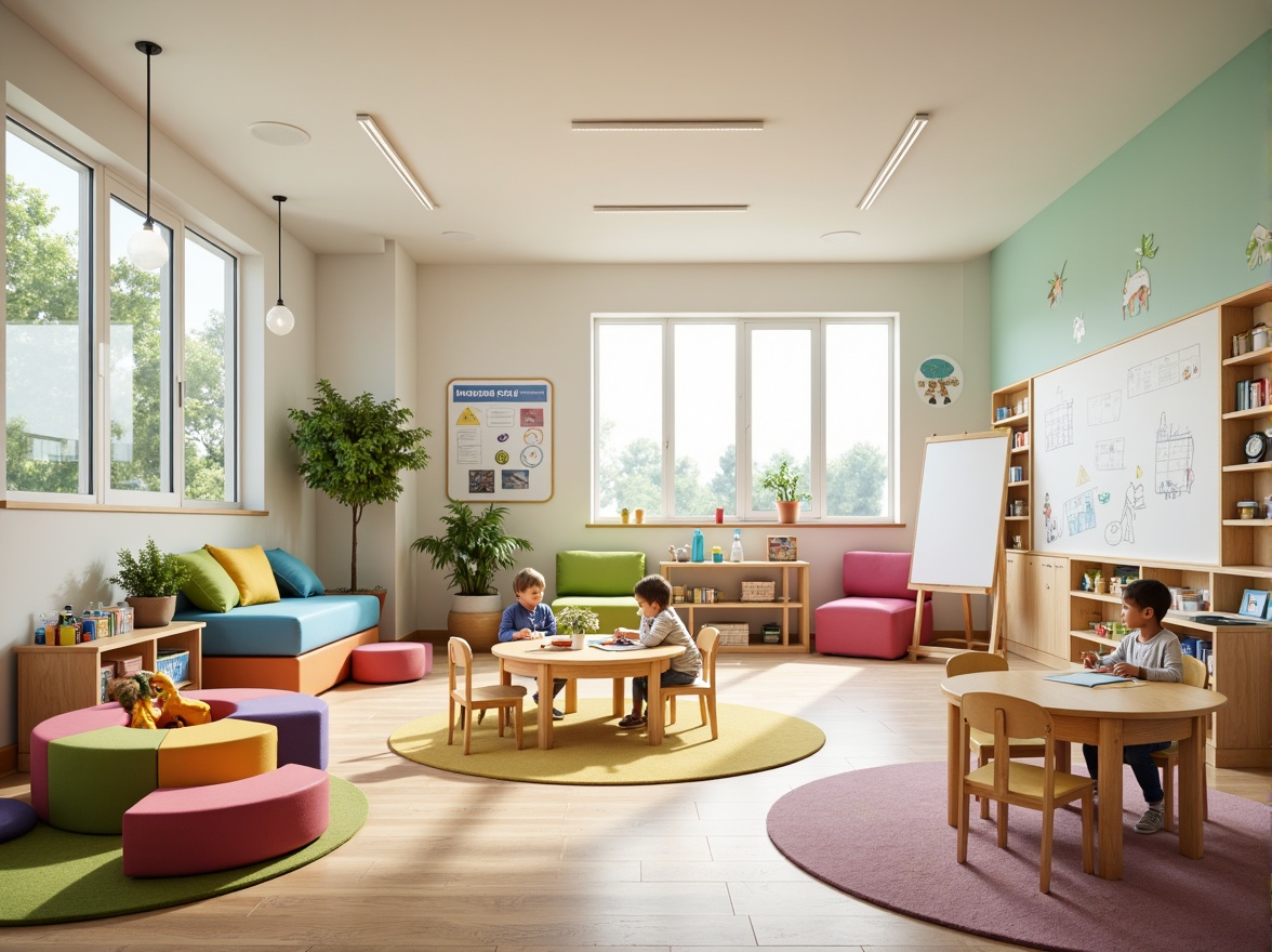 Prompt: Vibrant kindergarten interior, playful furniture, soft pastel colors, interactive whiteboards, educational toys, building blocks, colorful rugs, cozy reading nooks, circular tables, ergonomic chairs, stimulating wall decals, engaging sensory materials, natural light, warm atmosphere, shallow depth of field, 1/1 composition, realistic textures, ambient occlusion.