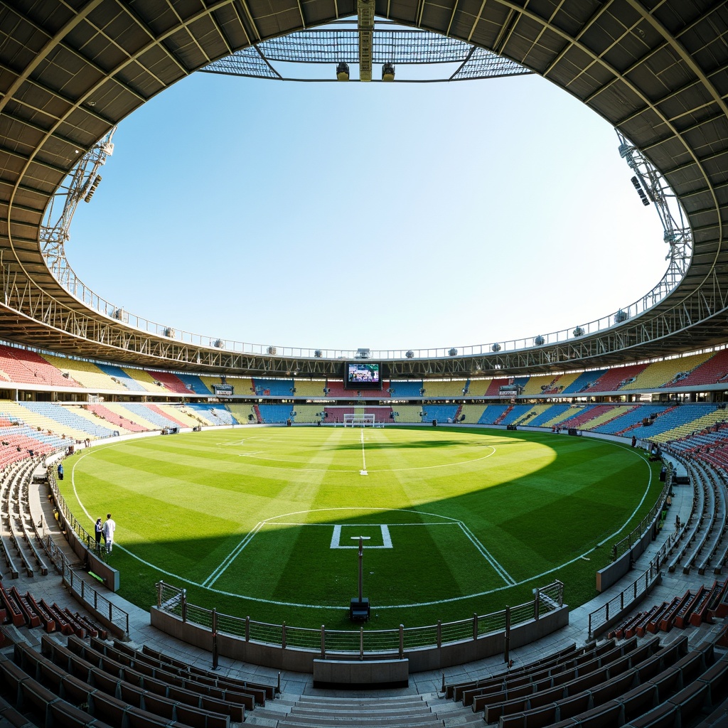 Prompt: Vibrant sports field, lush green grass, curved lines, modern architecture, sleek metal bleachers, minimalist design, natural stone walkways, vibrant colorful goalposts, intricate geometric patterns, dynamic lighting systems, warm sunny day, shallow depth of field, 3/4 composition, panoramic view, realistic textures, ambient occlusion, athletic tracks, rubberized surfaces, drainage systems, irrigation networks, eco-friendly materials, sustainable water management, harmonious color palette, balanced proportions, symmetrical compositions.