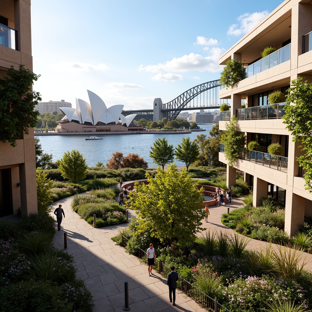 Prompt: Vibrant Sydney Harbour, iconic Opera House backdrop, modern social housing architecture, lush green roofs, vertical gardens, flowering vines, outdoor community spaces, public art installations, pedestrian pathways, bicycle racks, sustainable urban design, native Australian flora, eucalyptus trees, blooming wildflowers, sunny day, soft warm lighting, shallow depth of field, 3/4 composition, panoramic view, realistic textures, ambient occlusion.