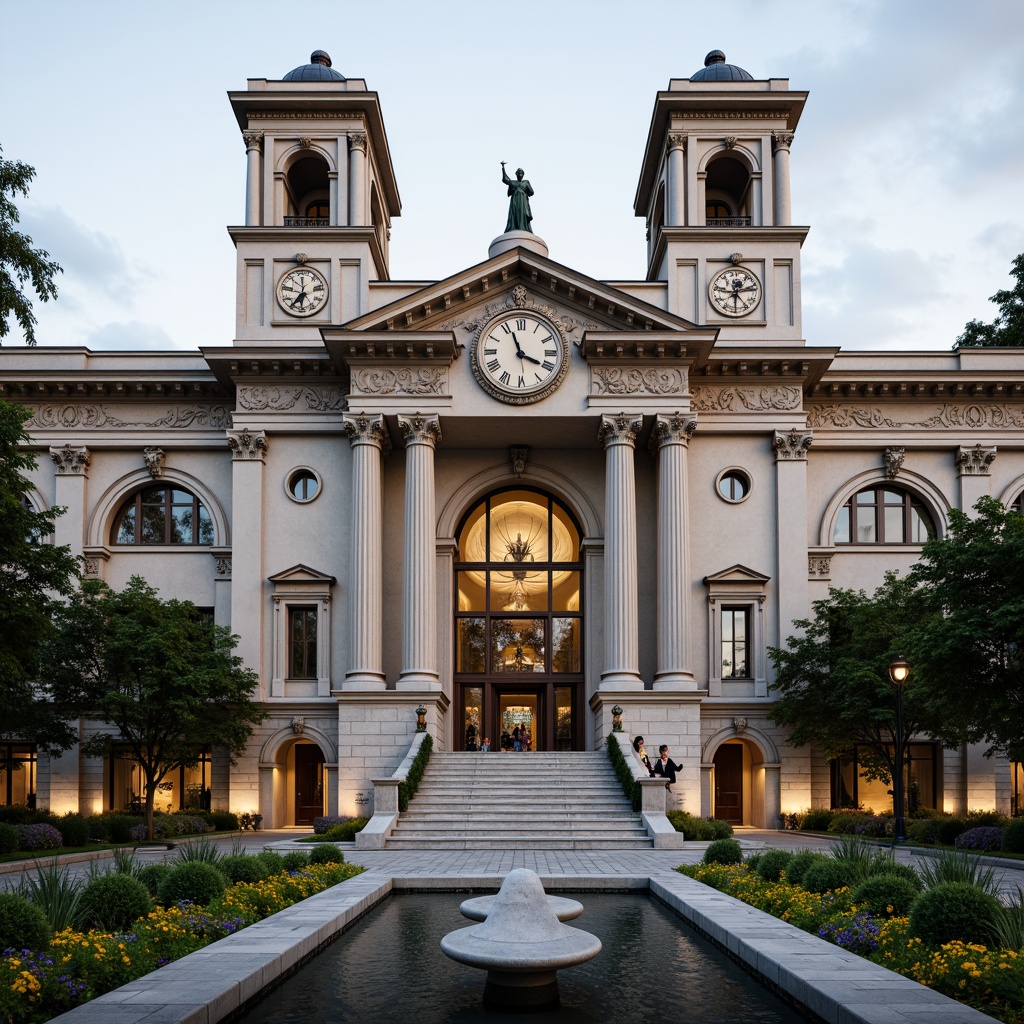 Prompt: Grandiose energy plant facade, neoclassical architecture style, symmetrical composition, ornate details, Corinthian columns, grand entrance arches, rusticated stone walls, metallic accents, elegant cornices, imposing clock towers, majestic statues, lush greenery, vibrant flowers, serene water features, natural stone walkways, subtle warm lighting, shallow depth of field, 3/4 composition, realistic textures, ambient occlusion.