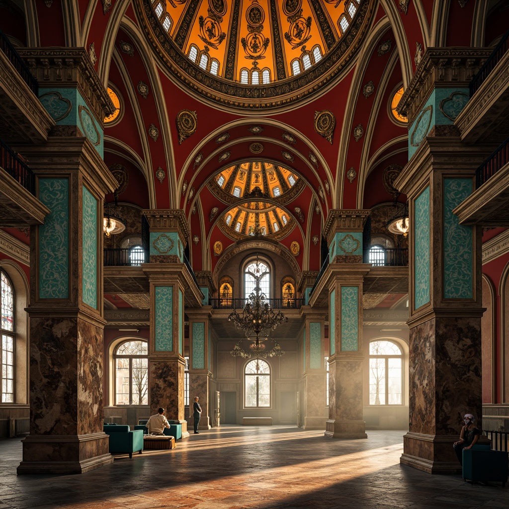 Prompt: Richly ornamented Byzantine architecture, warm golden domes, intricate stone carvings, ornate marble columns, vibrant mosaics, turquoise accents, crimson red backgrounds, gilded details, luminous stained glass windows, soft candlelight, atmospheric mist, ancient weathered textures, mysterious shadows, 1/2 composition, dramatic chiaroscuro lighting, highly detailed realism.