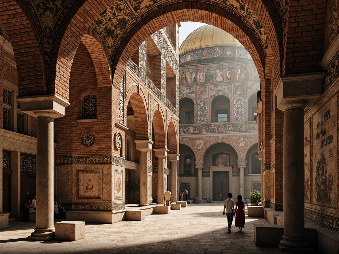 Prompt: Byzantine-style building, ornate stone carvings, richly colored mosaics, golden domes, intricate archways, rustic brick walls, textured stonework, ornamental columns, grandiose entrances, vibrant frescoes, mystical iconography, warm ambient lighting, shallow depth of field, 1/1 composition, realistic textures, detailed normal maps.