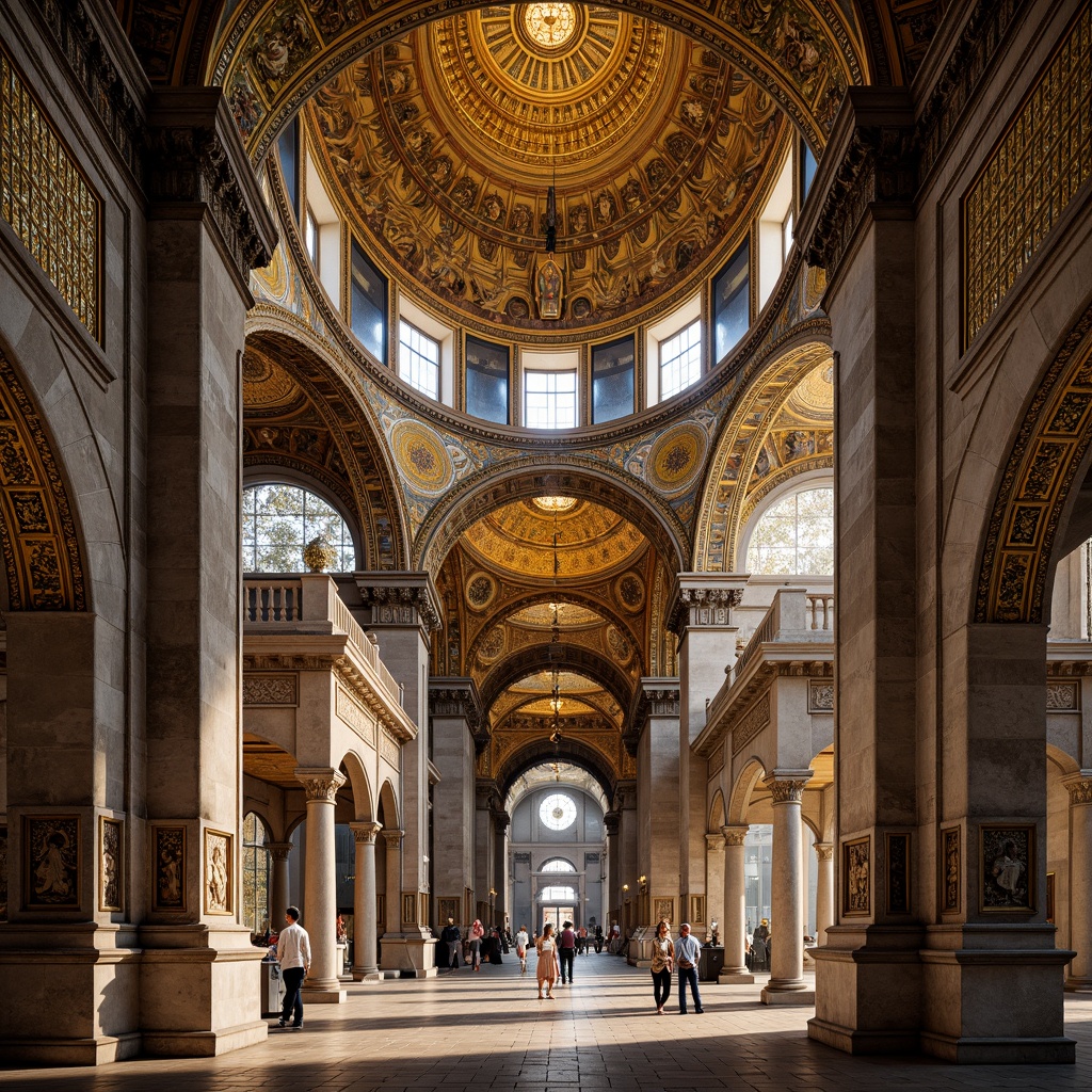 Prompt: Byzantine domes, golden mosaics, ornate decorations, grand cathedrals, intricate stone carvings, symmetrical compositions, spherical structures, bright natural light, warm ambient glow, richly textured surfaces, rustic stone foundations, elegant archways, majestic vaulted ceilings, lavish ornaments, spiritual ambiance, serene atmosphere, 3/4 composition, shallow depth of field, panoramic view.