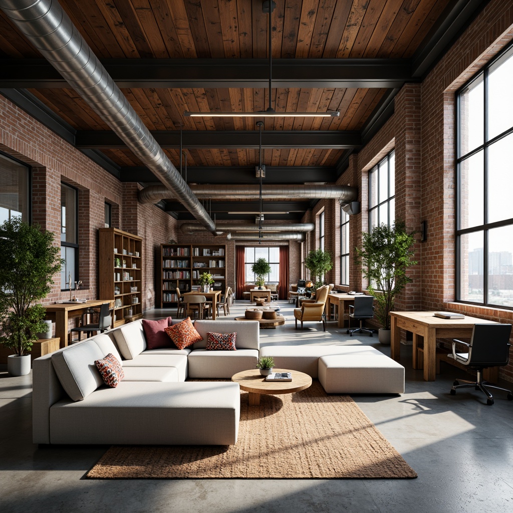 Prompt: Industrial-chic loft, open-space concept, minimalist aesthetic, exposed brick walls, polished concrete floors, high ceilings, modern metal beams, reclaimed wood accents, comfortable sofas, eclectic decorative pillows, floor-to-ceiling bookshelves, stylish desks, ergonomic chairs, abundant natural light, soft warm illumination, shallow depth of field, 3/4 composition, panoramic view, realistic textures, ambient occlusion.