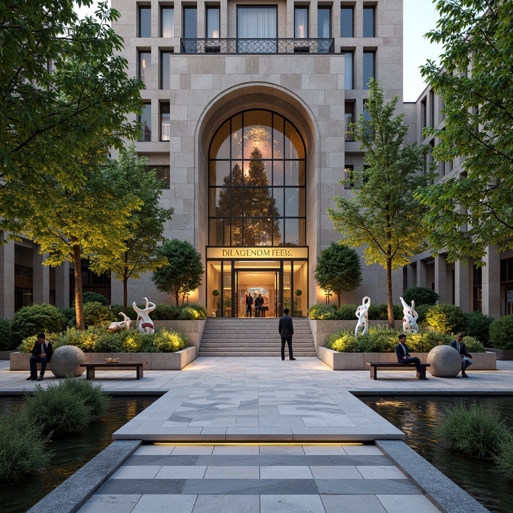 Prompt: Majestic bank headquarters, ornate stone fa\u00e7ade, grandiose entrance, lavish water features, serene green spaces, modernist sculpture gardens, abstract expressionist art pieces, vibrant colorful planters, geometric patterned walkways, minimalist benches, sleek metal railings, futuristic LED lighting, shallow depth of field, 1/1 composition, symmetrical framing, realistic textures, ambient occlusion.