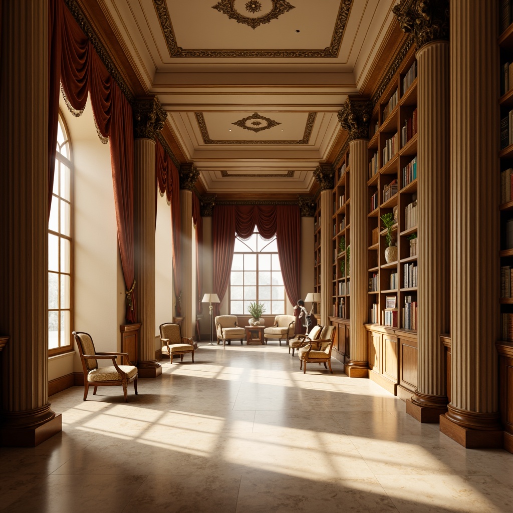 Prompt: Elegant neoclassical library, ornate columns, carved wooden paneling, rich velvet drapes, gilded accents, cream marble floors, warm beige walls, soft golden lighting, subtle shadowing, atmospheric mist, 2/3 composition, classic symmetry, realistic textures, ambient occlusion.