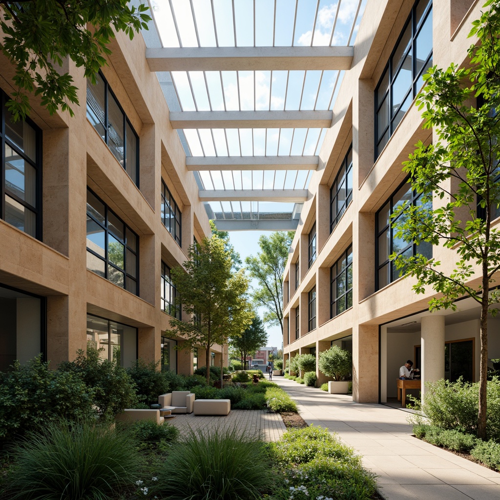 Prompt: Green office building, natural ventilation system, large windows, operable vents, clerestory windows, solar shades, light-filled interior, comfortable working space, energy-efficient design, eco-friendly materials, minimalist decor, wooden accents, lush greenery, urban cityscape, sunny day, soft warm lighting, shallow depth of field, 3/4 composition, realistic textures, ambient occlusion.