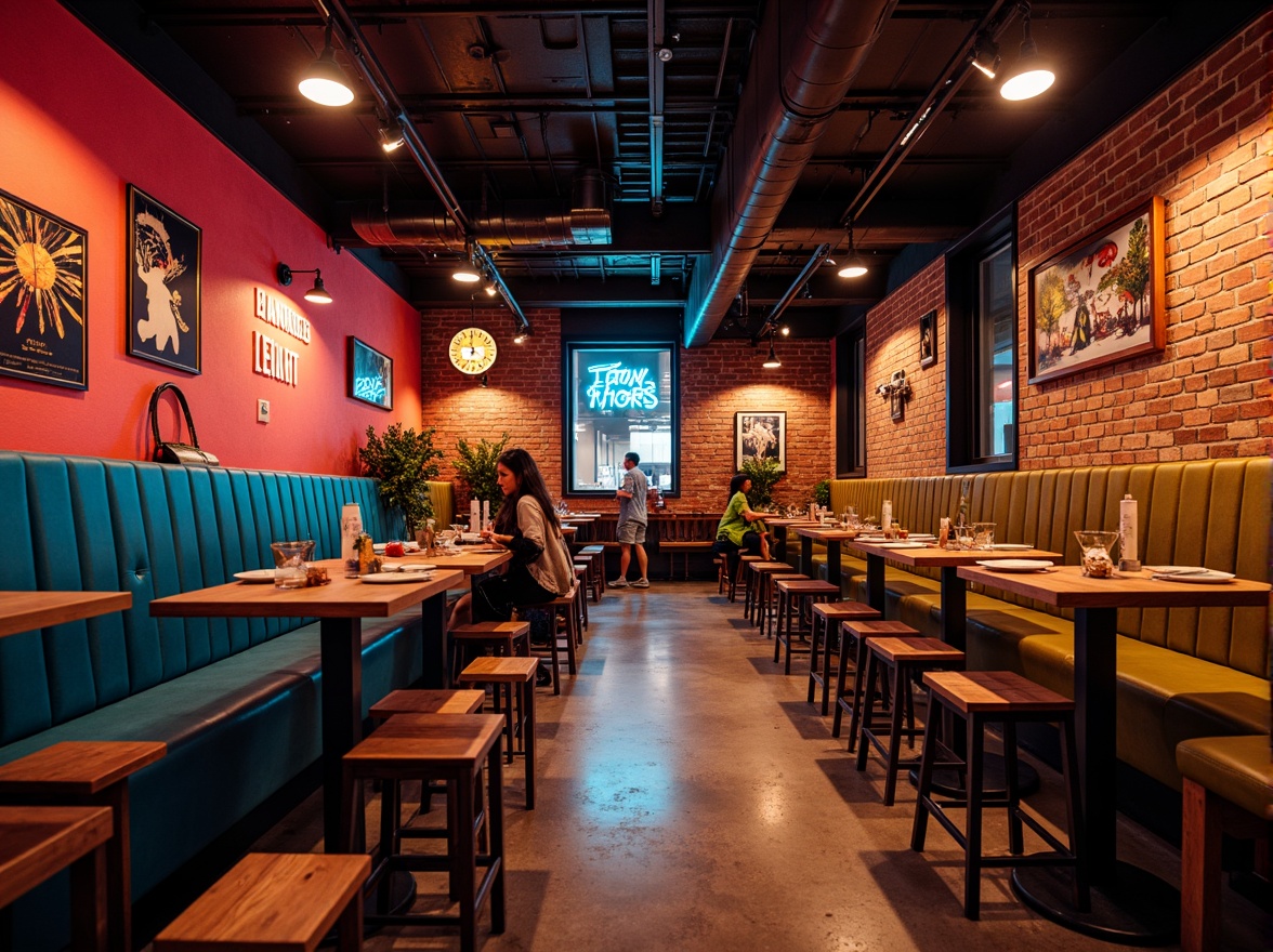 Prompt: Vibrant restaurant interior, bold color scheme, contrasting hues, warm ambiance, cozy dining areas, modern industrial architecture, exposed brick walls, polished concrete floors, sleek metal accents, reclaimed wood decorations, urban chic vibe, eclectic art pieces, neon signage, moody lighting, dramatic shadows, 1/1 composition, shallow depth of field, realistic textures, ambient occlusion.