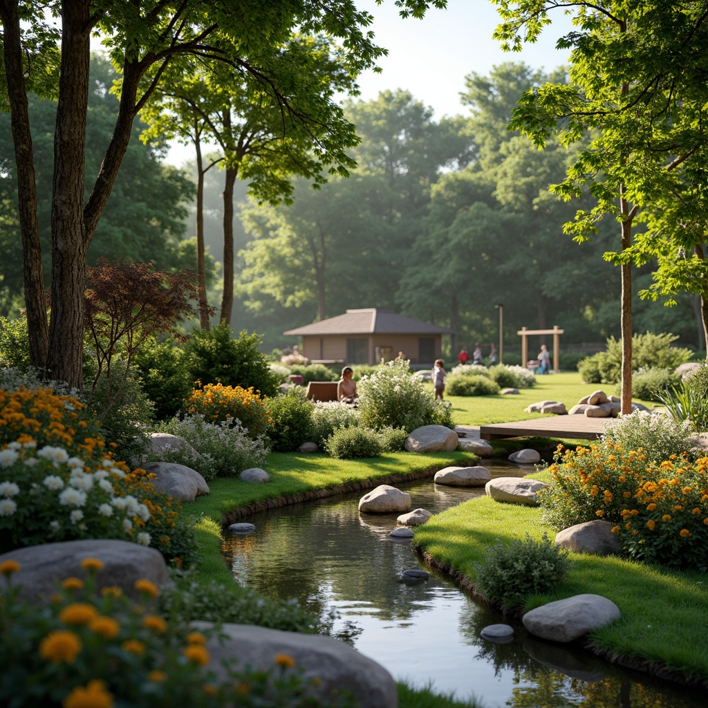 Prompt: Soothing natural landscape, lush green grass, vibrant blooming flowers, serene water features, gentle streams, peaceful ponds, rustic wooden bridges, meandering stone pathways, tranquil sitting areas, artistic garden ornaments, soft warm lighting, shallow depth of field, 3/4 composition, panoramic view, realistic textures, ambient occlusion, harmonious color palette, natural stone materials, eco-friendly design, sustainable irrigation systems.