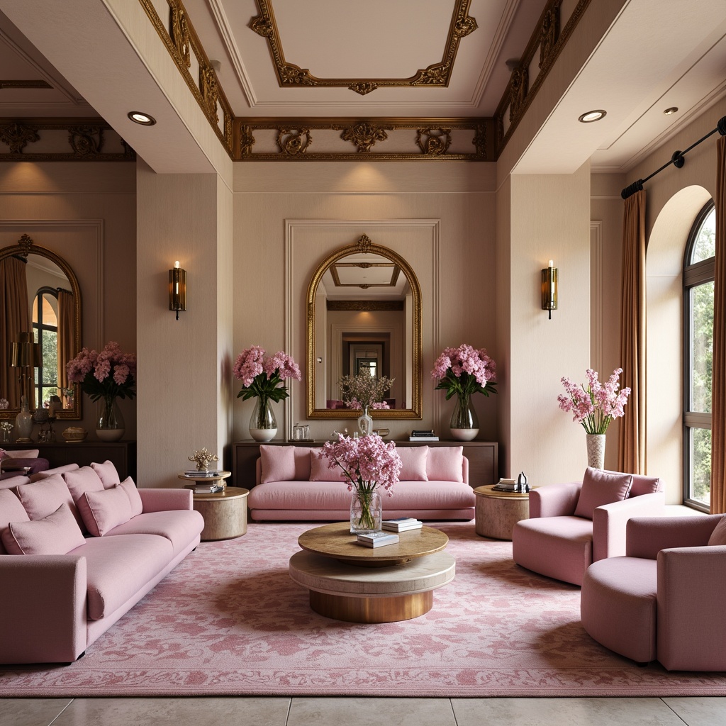 Prompt: \Luxurious interior space, orchid-inspired color palette, soft pastel hues, velvety textures, elegant furnishings, refined decor, subtle sheen, sophisticated ambiance, warm beige walls, rich wood accents, metallic gold details, delicate patterns, ornate mirrors, plush area rugs, statement lighting fixtures, dramatic ceiling heights, 3/4 composition, shallow depth of field, softbox lighting, realistic reflections.\