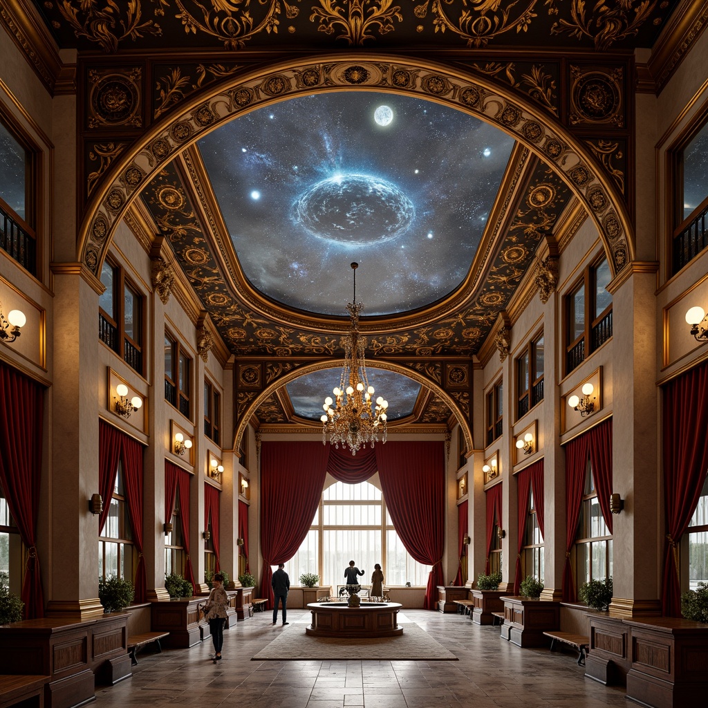 Prompt: Intricate planetarium ceiling, ornate Baroque detailing, gilded accents, celestial bodies, stars and constellations, grand chandeliers, marble floors, rich velvet drapes, luxurious furnishings, curved wooden panels, golden frames, intricate carvings, soft warm lighting, dramatic shadows, 1/1 composition, low-angle shot, realistic textures, ambient occlusion.