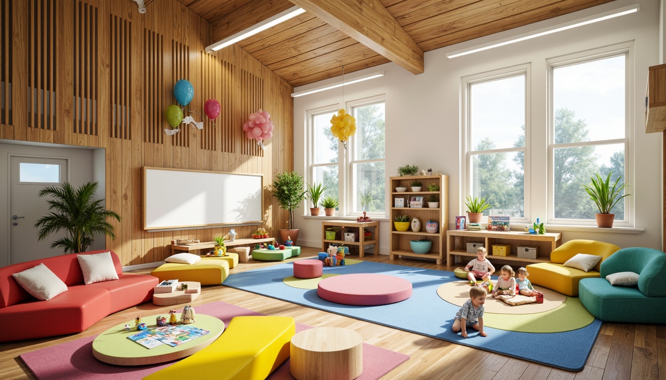 Prompt: Vibrant kindergarten, playful furniture, colorful carpets, interactive whiteboards, educational toys, building blocks, puzzle tables, cozy reading nooks, circular gathering areas, natural wood accents, soft pastel colors, abundant daylight, warm atmospheric lighting, shallow depth of field, 1/1 composition, realistic textures, ambient occlusion.