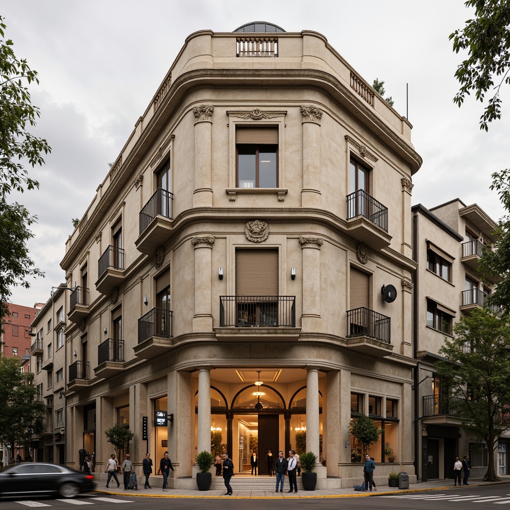 Prompt: Grandiose neoclassical building, ornate facade details, Corinthian columns, intricate carvings, symmetrical composition, majestic entranceways, limestone walls, subtle weathering effects, warm beige color scheme, elegant balconies, decorative ironwork, refined stucco textures, soft golden lighting, shallow depth of field, 2/3 composition, slightly overcast sky, subtle atmospheric fog.