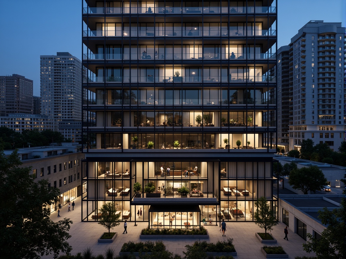 Prompt: Modern hotel facade, sleek glass curtain walls, minimalist balconies, geometric patterns, clean lines, monochromatic color scheme, LED lighting accents, rooftop gardens, urban cityscape views, bustling streets, night time illumination, shallow depth of field, 1/2 composition, high-angle shot, realistic reflections, ambient occlusion.