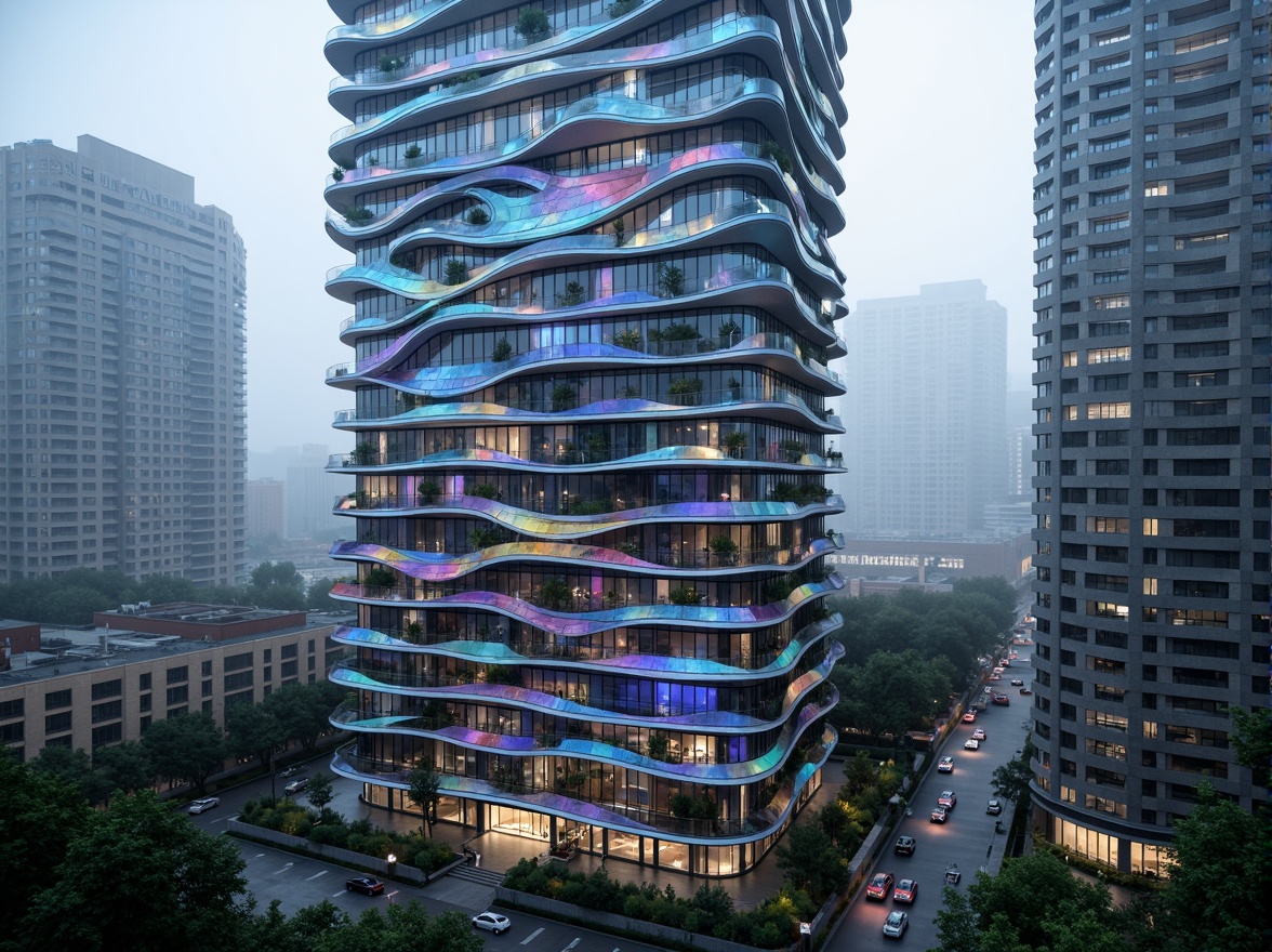 Prompt: Futuristic skyscraper, organic curves, iridescent glass fa\u00e7ade, parametric architecture, biomimetic patterns, vibrant neon lights, urban jungle, misty atmosphere, overcast sky, high-rise living, luxurious amenities, rooftop gardens, cantilevered structures, metallic latticework, kinetic sculptures, LED lighting systems, 3D-printed balconies, fluid dynamics-inspired shapes, atmospheric perspective, cinematic composition, hyper-realistic textures, advanced glazing technology.