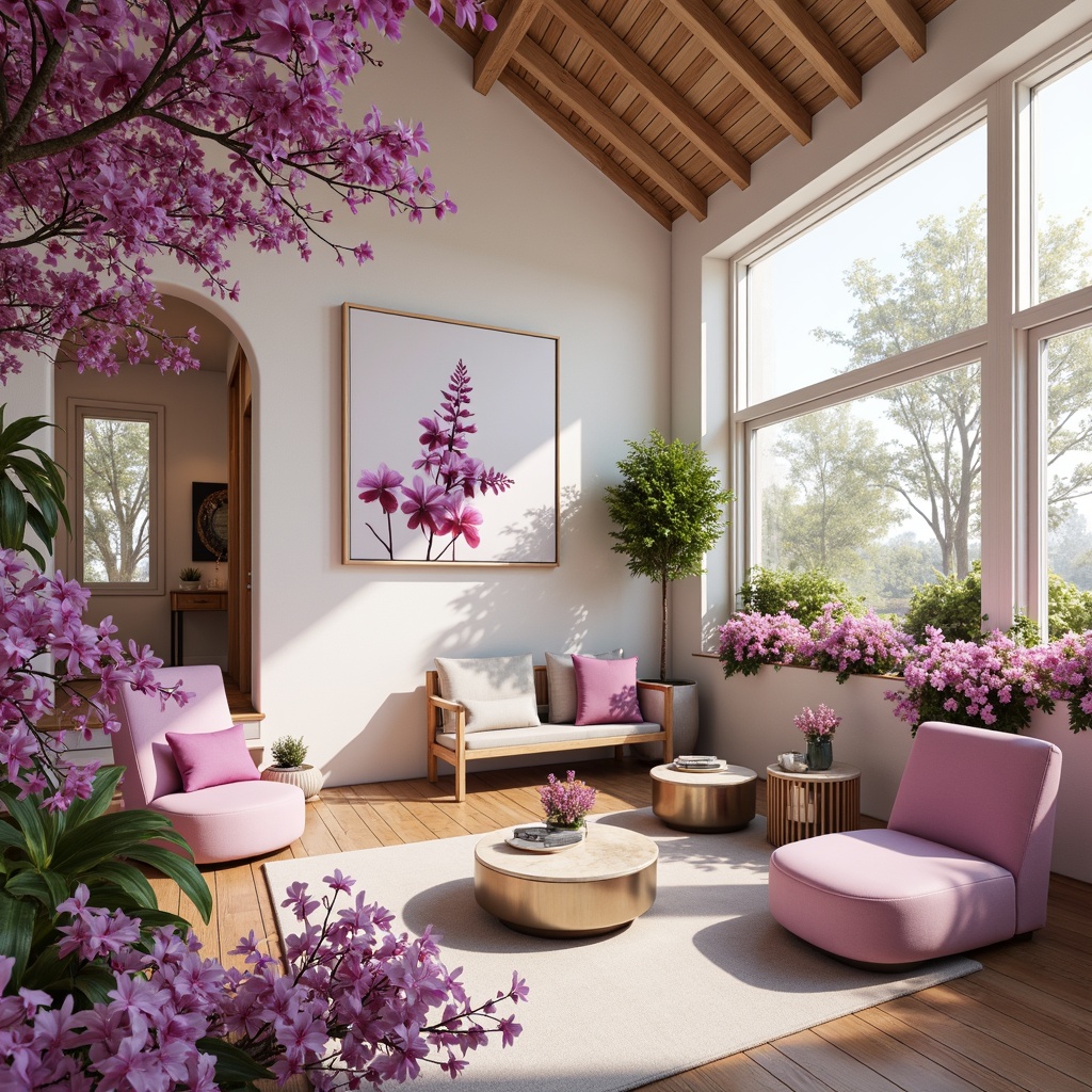 Prompt: \Vibrant orchid hues, pastel pink accents, soft lavender undertones, creamy whites, rich wood textures, ornate metallic details, lush greenery, delicate flower patterns, elegant curves, modern minimalist decor, natural light pouring in, warm atmospheric glow, shallow depth of field, 1/2 composition, realistic rendering, ambient occlusion.\