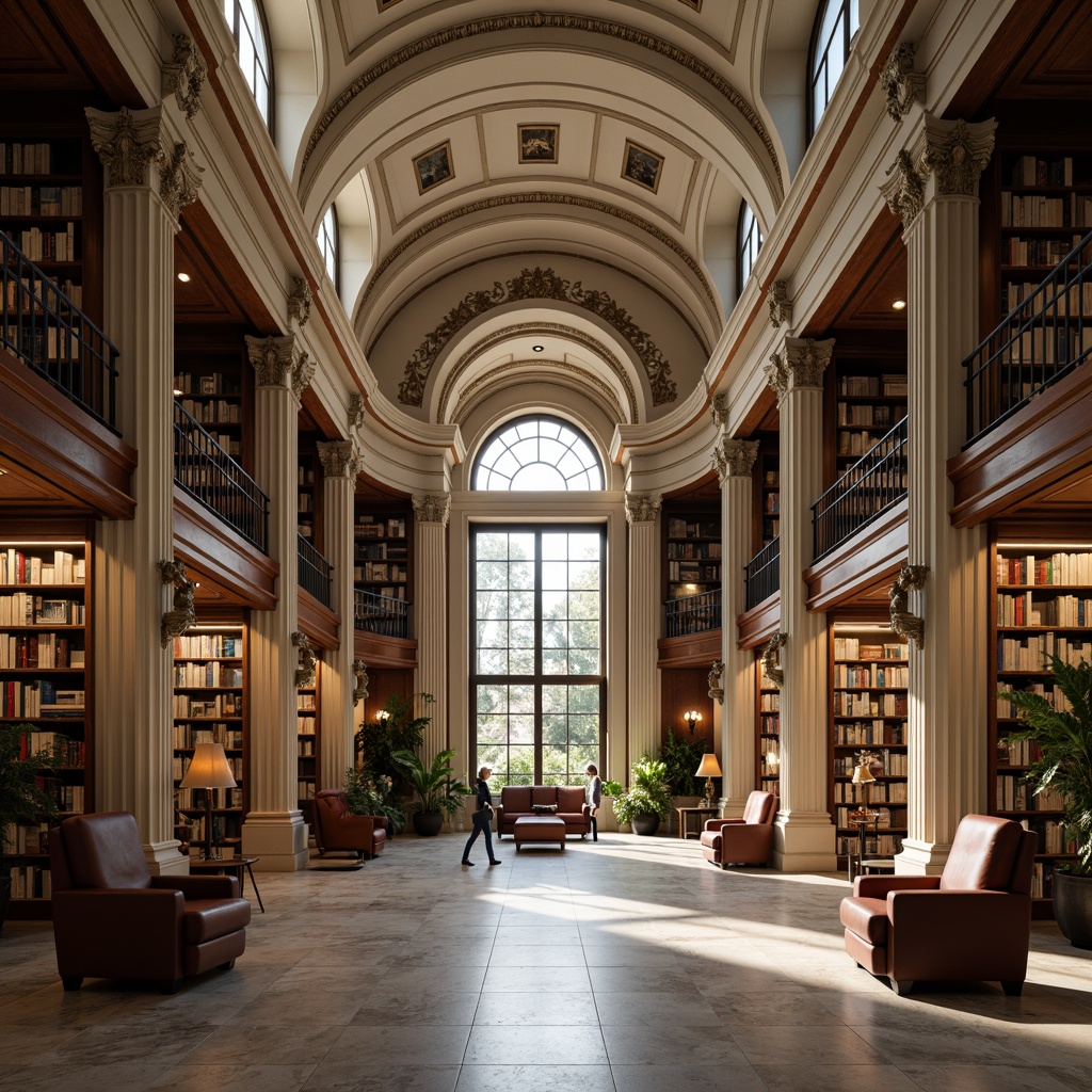 Prompt: Elegant library interior, symmetrical architecture, neoclassical columns, ornate details, grand reading room, high ceilings, natural light, wooden bookshelves, leather-bound books, comfortable seating areas, subtle color palette, marble flooring, intricate moldings, decorative archways, refined furniture, harmonious proportions, central axis, bilateral symmetry, classical proportions, soft warm lighting, shallow depth of field, 1/2 composition, realistic textures, ambient occlusion.