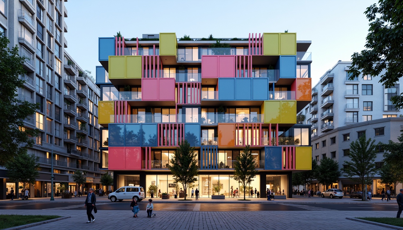 Prompt: Vibrant housing facade, experimental architecture, bold color blocking, abstract geometries, futuristic materials, translucent panels, cantilevered volumes, irregular shapes, dynamic lighting effects, urban cityscape, dense residential area, modern street furniture, pedestrian pathways, atmospheric misting systems, shallow depth of field, 1/1 composition, symmetrical axis, high-contrast textures, ambient occlusion.