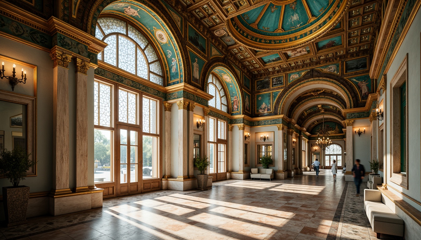 Prompt: Intricate mosaics, golden domes, ornate arches, lavish frescoes, ornamental capitals, gilded ornaments, majestic columns, marble floors, intricate stone carvings, grandiose entrances, symmetrical facades, vibrant turquoise hues, warm sunlight filtering through stained glass windows, shallow depth of field, 1/2 composition, atmospheric perspective, detailed textures, ambient occlusion.