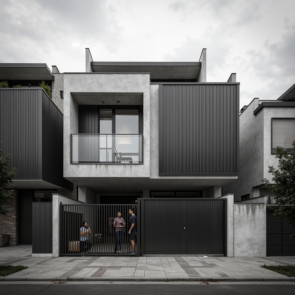 Prompt: Monochromatic housing facade, industrial metal cladding, exposed concrete walls, bold geometric shapes, minimalist windows, brutalist architecture, raw unfinished textures, muted color scheme, earthy tones, urban cityscape, cloudy grey sky, dramatic shadows, low-key lighting, 1/1 composition, symmetrical framing, realistic materials, ambient occlusion.