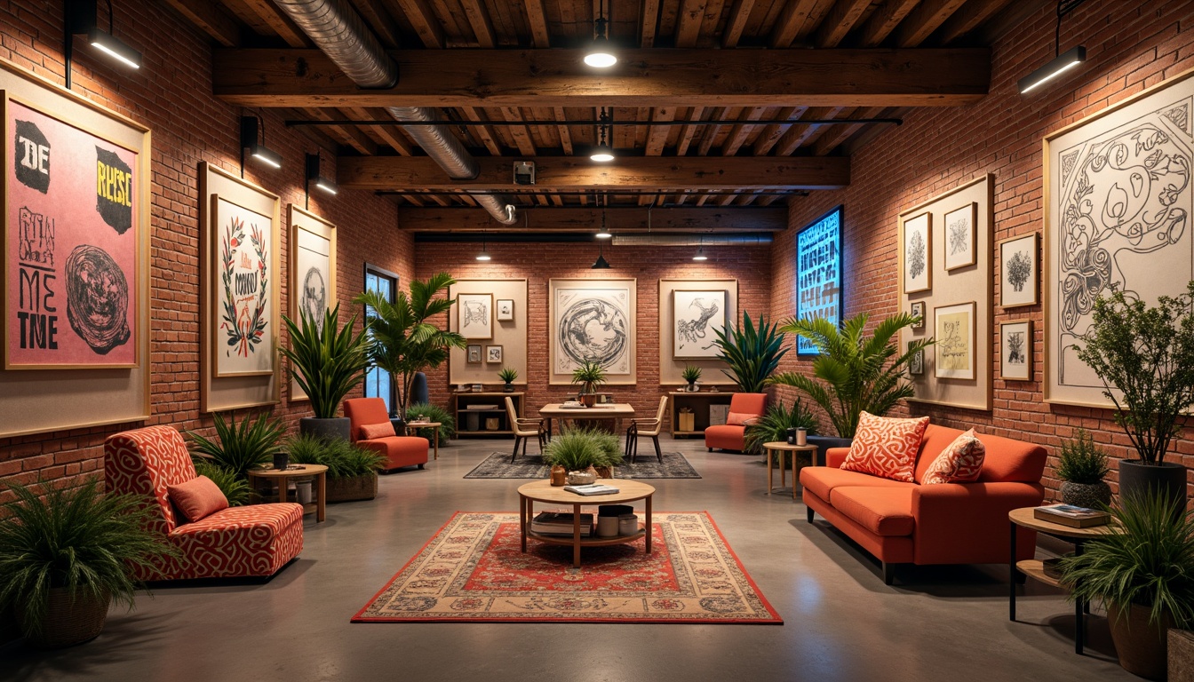 Prompt: Vibrant art studio, eclectic furniture, abstract artwork, exposed brick walls, polished concrete floors, industrial-chic decor, bold typography, neon signs, geometric patterns, pastel hues, monochromatic accents, warm golden lighting, soft focus, shallow depth of field, 1/1 composition, atmospheric perspective.