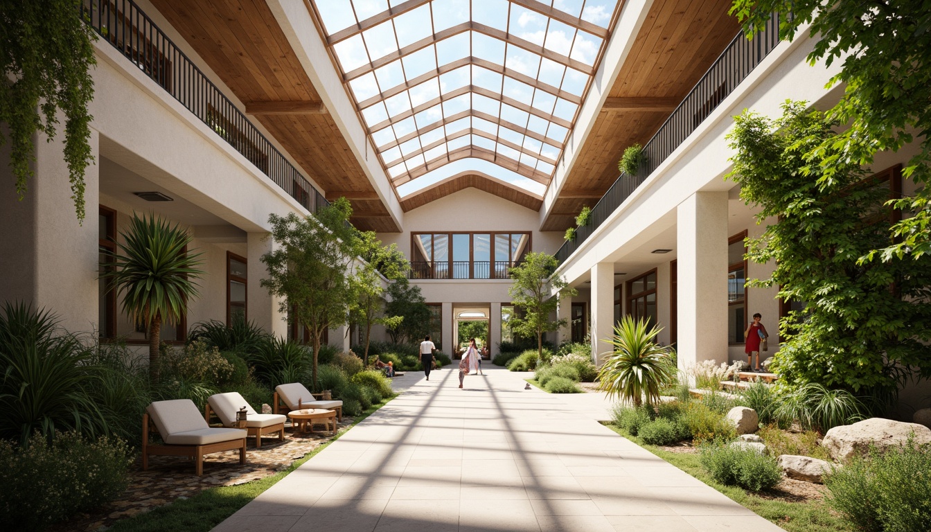 Prompt: Modern eco-friendly building, vast open spaces, floor-to-ceiling windows, clerestory roofs, skylights, natural stone walls, wooden accents, minimalist decor, lush greenery, living walls, hanging plants, abundant sunlight, warm soft lighting, shallow depth of field, 1/1 composition, realistic textures, ambient occlusion.