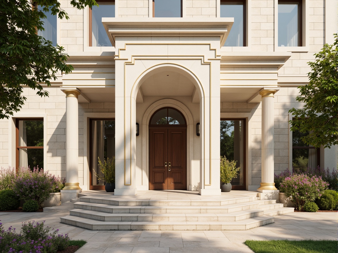 Prompt: \Elegant neoclassical facade, creamy white marble columns, ornate gold accents, soft beige stone walls, grand entrance archways, symmetrical compositions, subtle texture variations, warm natural light, shallow depth of field, 1/1 composition, realistic renderings, ambient occlusion, lush greenery, vibrant flowers, blooming trees, serene atmosphere, soft warm lighting.\Please let me know if this meets your expectations or if you need further adjustments!