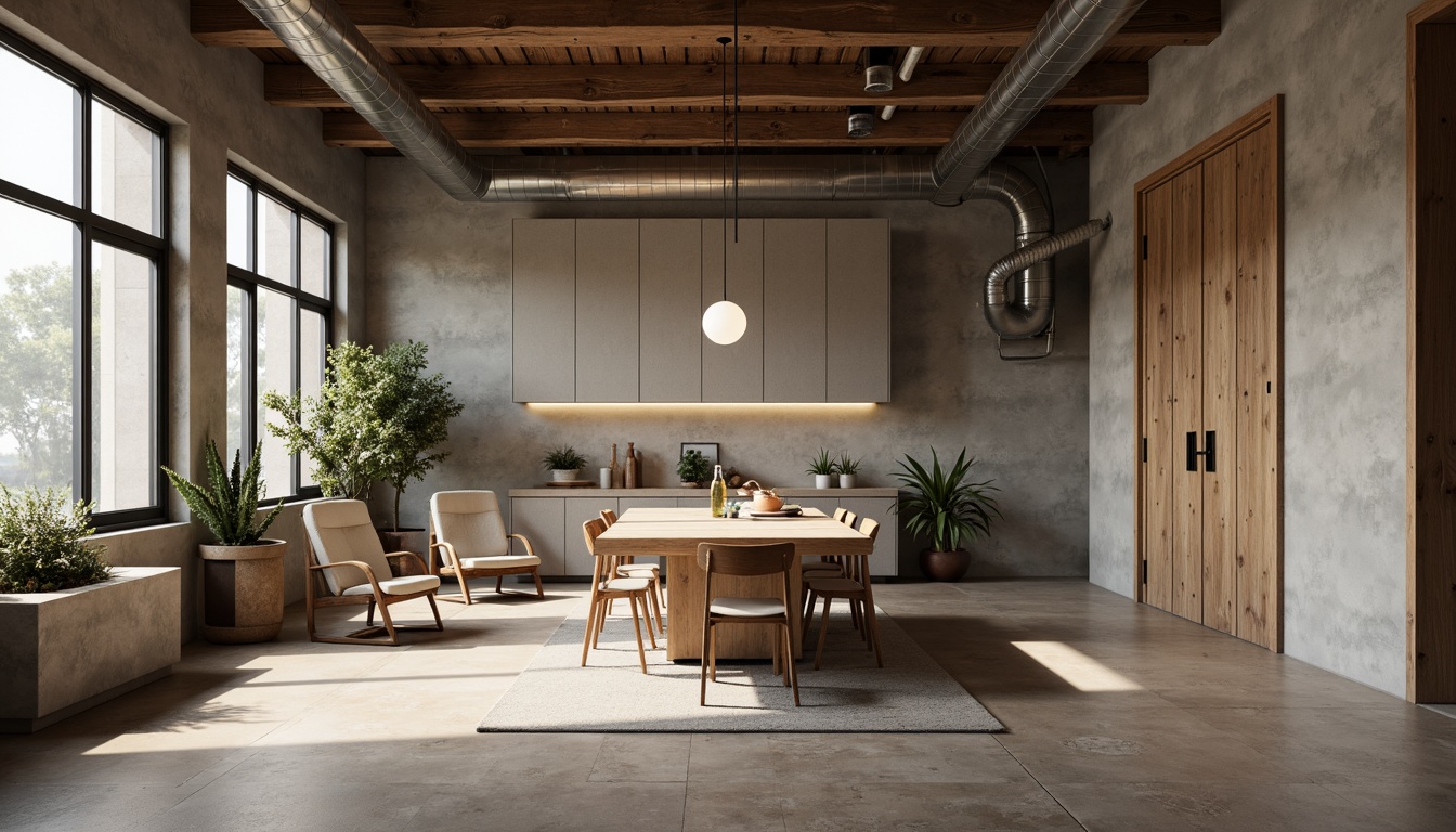 Prompt: Rustic plastered concrete walls, earthy tones, natural textures, rough finishes, industrial chic decor, urban loft atmosphere, reclaimed wood accents, metal beams, exposed ductwork, minimalist lighting fixtures, soft warm glow, shallow depth of field, 1/1 composition, realistic renderings, ambient occlusion.