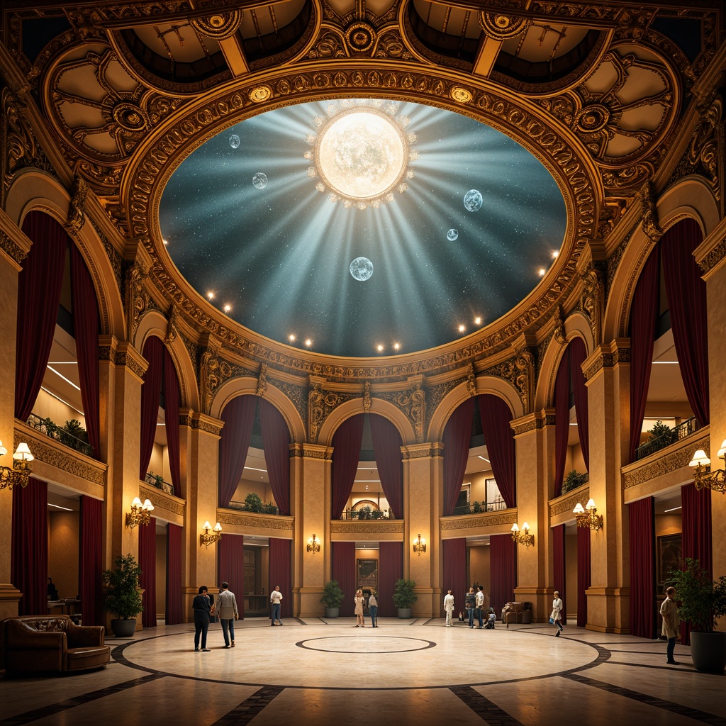 Prompt: Intricate planetarium dome, ornate Baroque detailing, gilded accents, celestial body projections, stars and constellations, lavish chandeliers, rich velvet drapes, golden filigree, intricate moldings, polished marble floors, grandiose archways, dramatic lighting effects, warm golden illumination, soft focus, atmospheric fog, 1/1 composition, symmetrical framing, opulent textures, ambient occlusion.