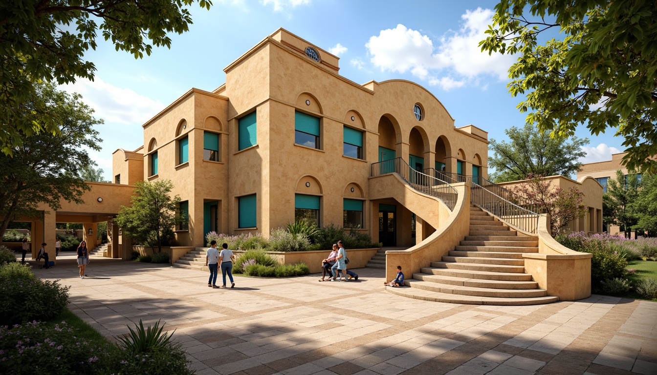 Prompt: Majestic middle school building, Byzantine-inspired arches, warm golden stone fa\u00e7ade, intricate ornate details, vibrant turquoise accents, grand entranceways, sweeping staircases, ornate metal railings, lush greenery, blooming flowers, sunny day, soft warm lighting, shallow depth of field, 3/4 composition, panoramic view, realistic textures, ambient occlusion.