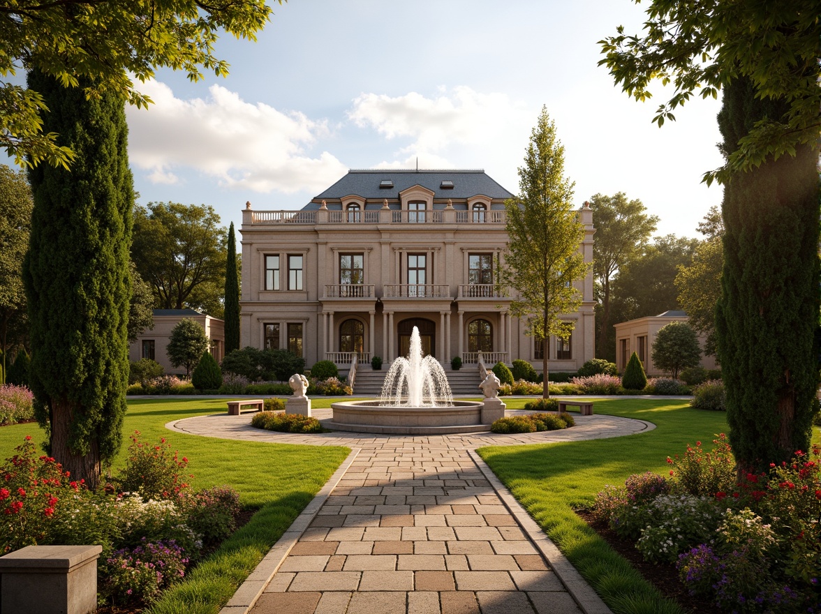 Prompt: Grand Italianate mansion, ornate fountain, lush greenery, vibrant flowers, manicured lawns, meandering stone pathways, majestic cypress trees, rustic garden benches, intricate iron gates, classical sculptures, warm golden lighting, soft focus, 1/1 composition, symmetrical view, realistic textures, ambient occlusion.