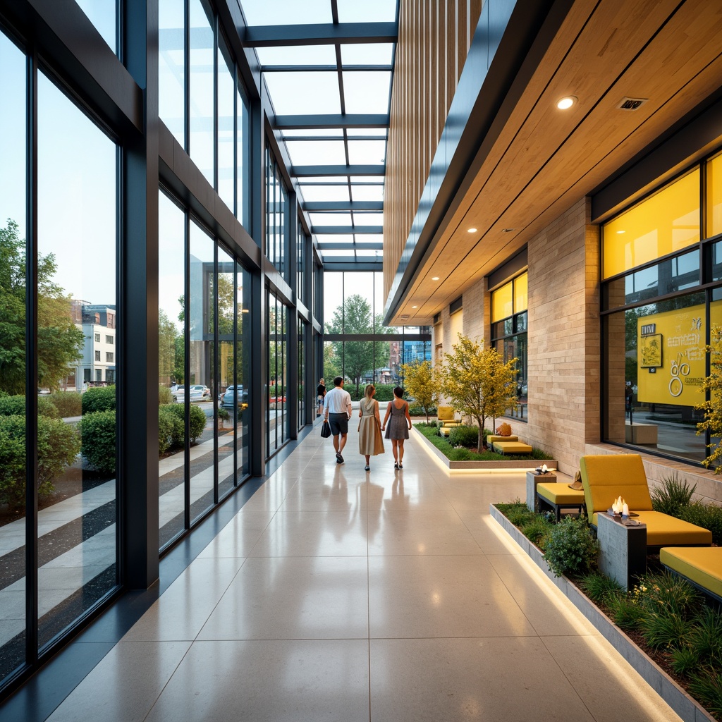 Prompt: Vibrant visitor center, harmonious color palette, warm beige tones, calming blue hues, energetic yellow accents, natural wood textures, sleek metal frames, large glass windows, abundant daylight, soft diffused lighting, shallow depth of field, 1/2 composition, symmetrical balance, modern minimalist architecture, futuristic design elements, interactive exhibits, immersive experiences, educational signage, dynamic visual displays, comfortable seating areas, lush greenery, living walls, soothing water features, calming soundscape, warm inviting atmosphere.