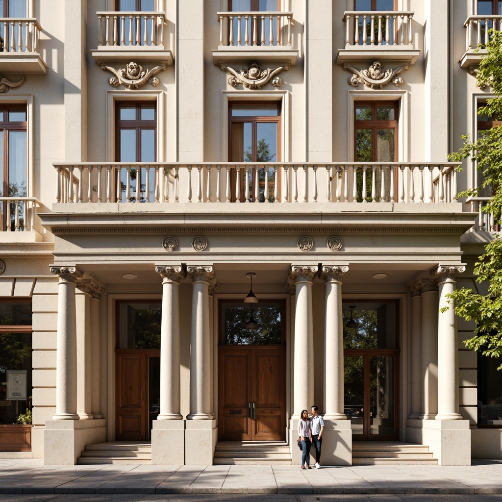 Prompt: Neoclassical social housing facade, ornate columns, rusticated base, pedimented windows, decorative cornices, elegant balustrades, symmetrical composition, creamy limestone walls, subtle pilasters, ornamental arches, richly detailed doorways, classical proportions, grand entrance halls, refined ironwork, soft warm lighting, shallow depth of field, 3/4 composition, realistic textures, ambient occlusion.