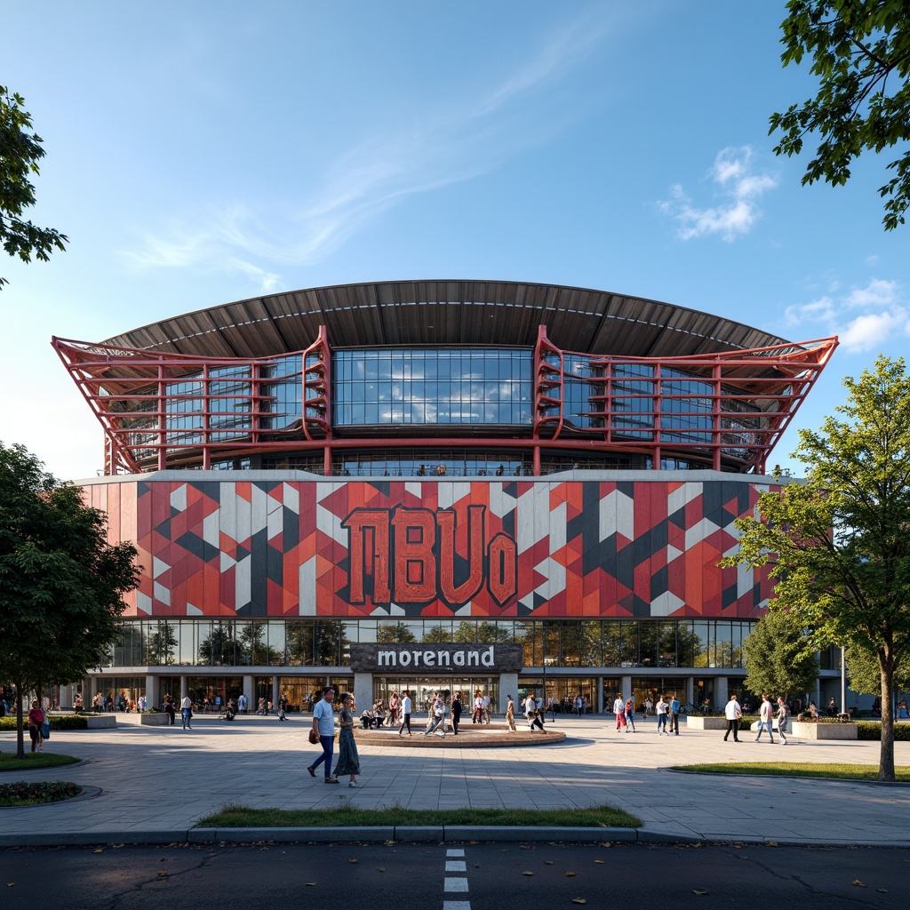 Prompt: Grandiose football stadium, angular structuralist fa\u00e7ade, cantilevered roofs, exposed steel beams, dynamic curves, vibrant team colors, LED lighting systems, monumental entrance gates, ornate metal grilles, geometric patterned exterior walls, modern urban landscape, sunny afternoon, dramatic shadows, high contrast lighting, 1/2 composition, ultra-wide-angle lens, realistic metallic textures, ambient occlusion.