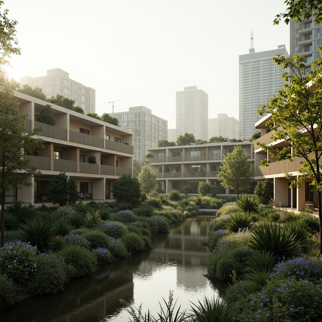 Prompt: Eco-friendly buildings, green roofs, solar panels, wind turbines, rainwater harvesting systems, natural ventilation systems, recycled materials, bamboo facades, living walls, urban gardens, serene water features, misty mornings, soft diffused lighting, shallow depth of field, 3/4 composition, panoramic view, realistic textures, ambient occlusion.